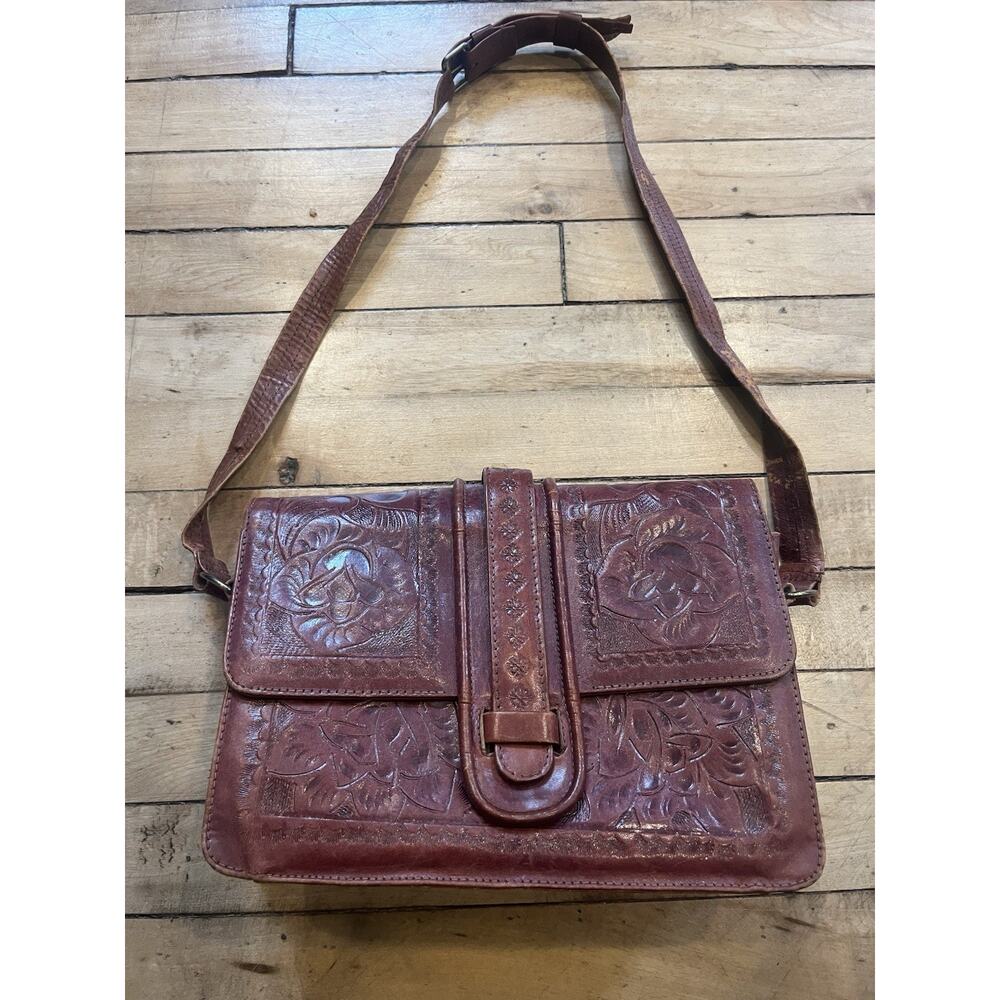 Vintage Flores Tooled Leather Crossbody Bag Boho Western Mexico Floral Handbag
